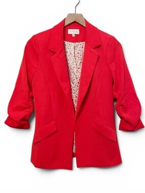 Skies Are Blue Ruched 3/4-Sleeve Blazer in vibrant red Size: XS